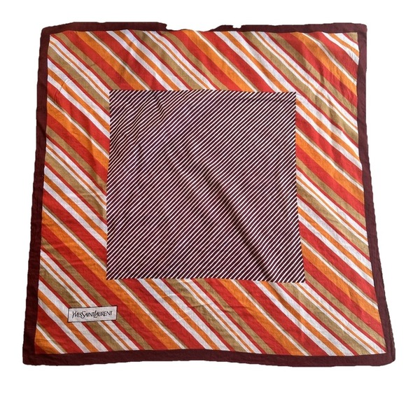 Vintage Yves Saint Laurent Scarf Cotton Large Red Orange Brown Striped Logo 70s - Picture 1 of 9